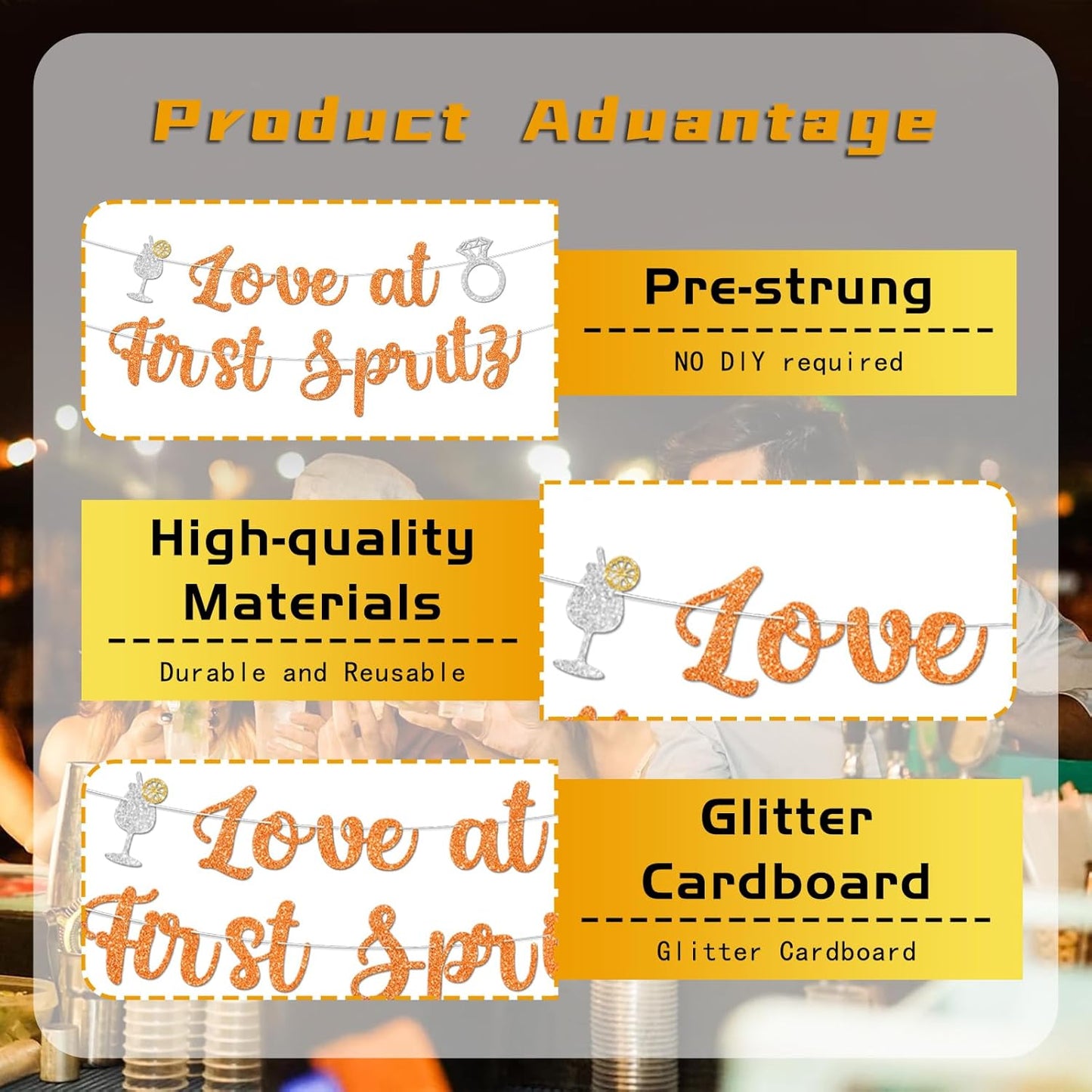 Love At First Spritz Wedding Banner - Bridal Shower Decorations, No Diy, Glitter Just Engaged Spritz Party Banners for Wedding/Engagement/Bachelorette Party Decorations Supplies, Orange.