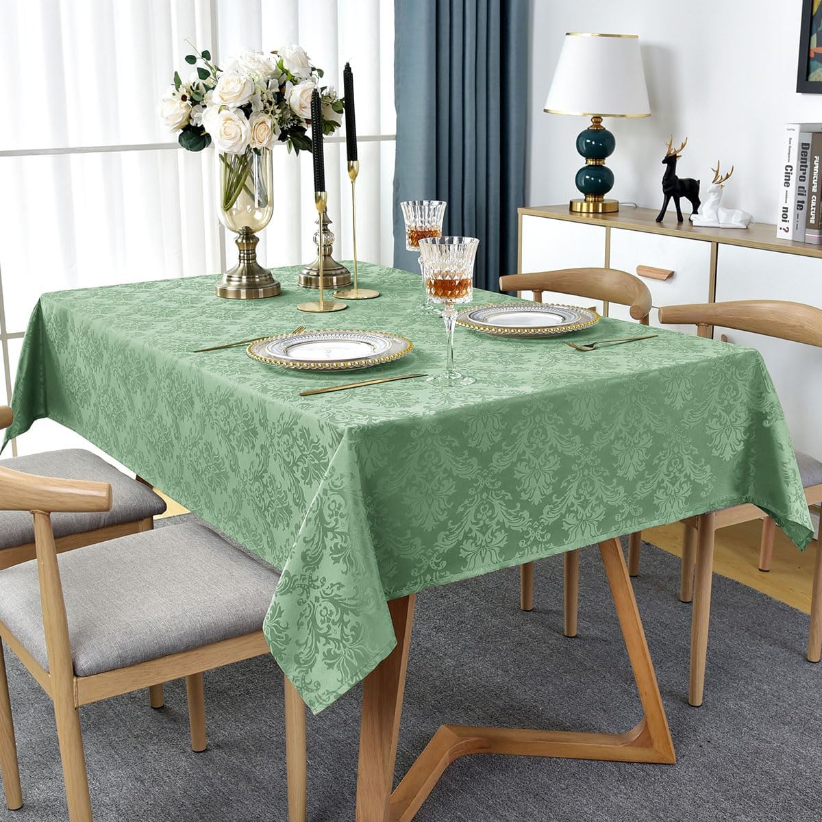 Flower Jacquard Rectangle Tablecloth 60 x 102 Inch Waterproof Oil Proof Wrinkle Free Damask Table Cloth, Fabric Table Cover for Dining, Party, Banquet, Indoor, Outdoor, Sage Green