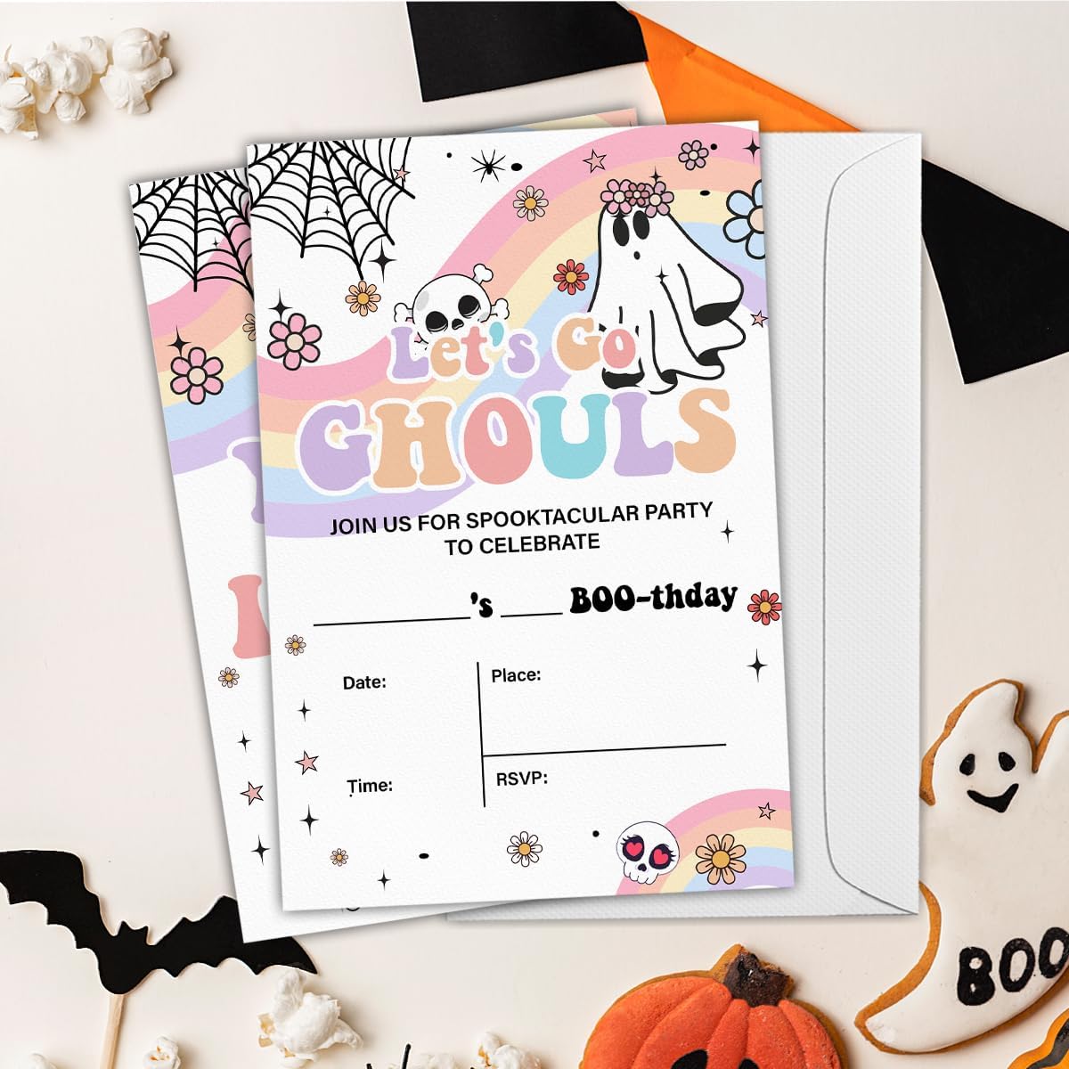 Halloween Birthday Invitations Groovy Rainbow Ghost Halloween Birthday Party Fill in Invites Cards With Envelopes (20 Count) Double Sided Design, Let's Go Ghouls