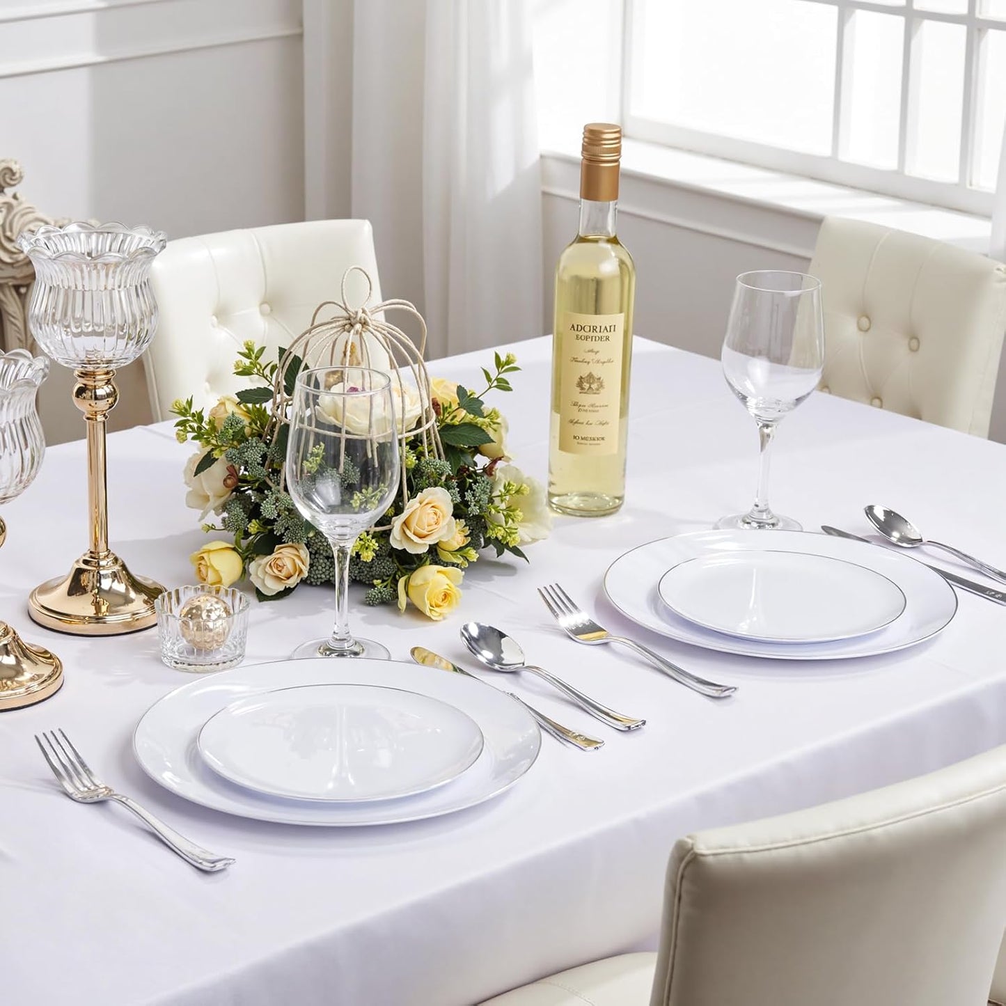 KIRE 200PCS Silver Plastic Plates - White Plastic Plates with Silver Rim Include 100 Dinner Plate and 100 for Dessert/Salad Plate for Birthday/Wedding/Party for Christmas