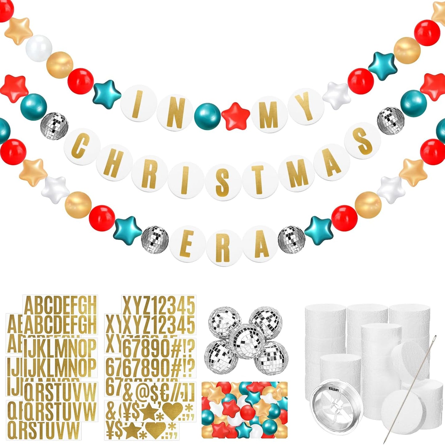 Giant Friendship Bracelet Garland Kit, DIY Birthday Banner with Letters Ball Jumbo Customizable Friendship Bracelet Decor for Halloween Christmas Wedding Party(Red, Green, White)