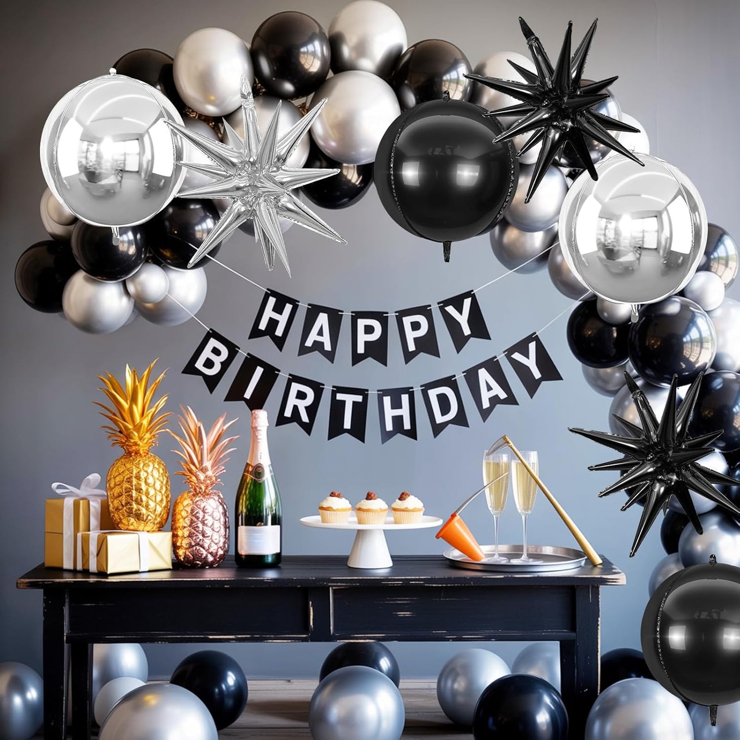 6Pcs Black Silver Foil Balloons,22Inch Black Silver 4D Round Ball Balloon and Explosion Star Balloon for Birthday Wedding Baby Shower Anniversary Decorations