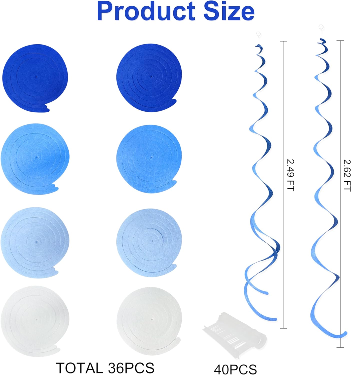 36 Pcs Blue Hanging Swirl Decorations Ombre Royal Blue White Felt Swirl Streamer Spiral Ceiling Garland for Birthday Wedding Baby Shower Graduation Under The Sea Nautical Ahoy Achor Party Supplies