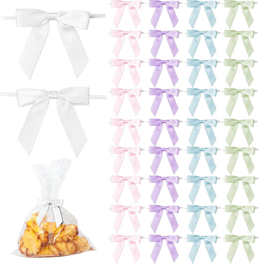 50Pcs Mix 5 Colors Twist Tie Bows for Gift Wrapping 2.5" Satin Ribbon Bow for Treat Bags Cake Balloons Birthday Party Favors Wedding Decorations - Light