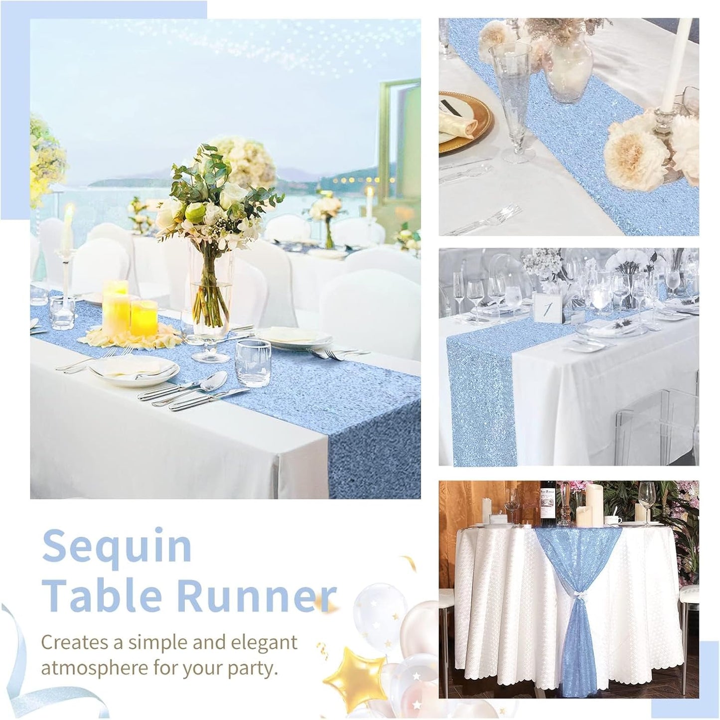 Sequin Table Runners 5 Pieces Baby Blue Table Runners 12x72 Inch Glitter Table Cover for Party Wedding Birthday Reception Banquet Decoration Spring Party Chair Sashes