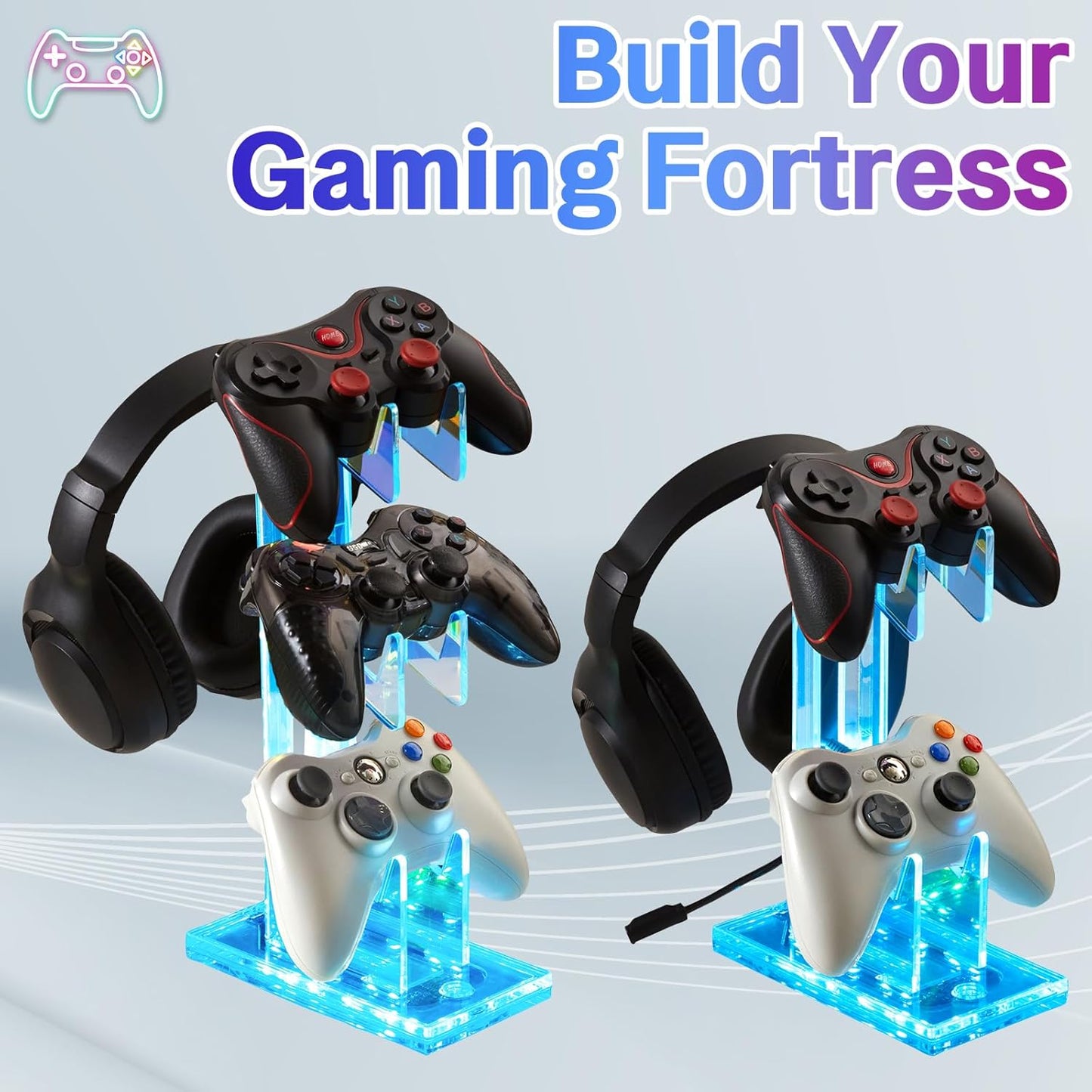 Game Controller Holder with Light Colorful Acrylic Headphones Stand with 3 Modes 7 Colors USB Charging Port for PS4, PS5, PC Universal Design (2 Tiers with Lights)