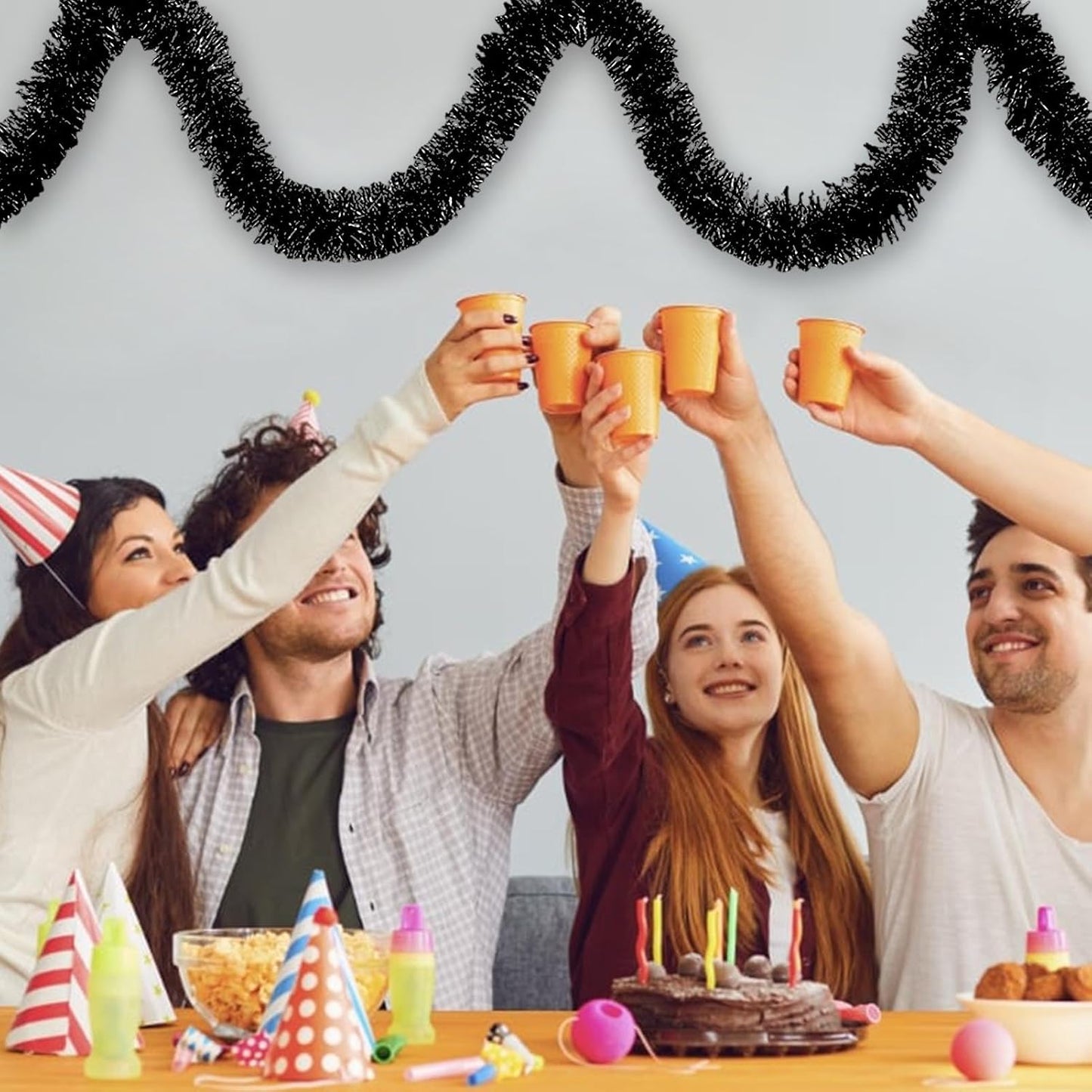 50 Feet Black Christmas Tinsel Garland, Metallic Foil Twist Banner Wall Hanging Tinsel Streamers Backdrop for Parade Floats, Christmas, Mother's Day, Birthday Party Decorations(2in x 50ft)