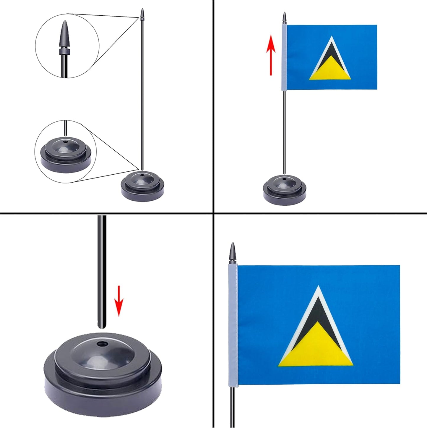 WXTWK 2 Pack Saint Lucia Flag Saint Lucia Deluxe Desk Flag Set - Mini Small Saint Lucia Table Office Flags with Black 12" Solid Pole Stand Base Classroom Meeting Desktop Decorations