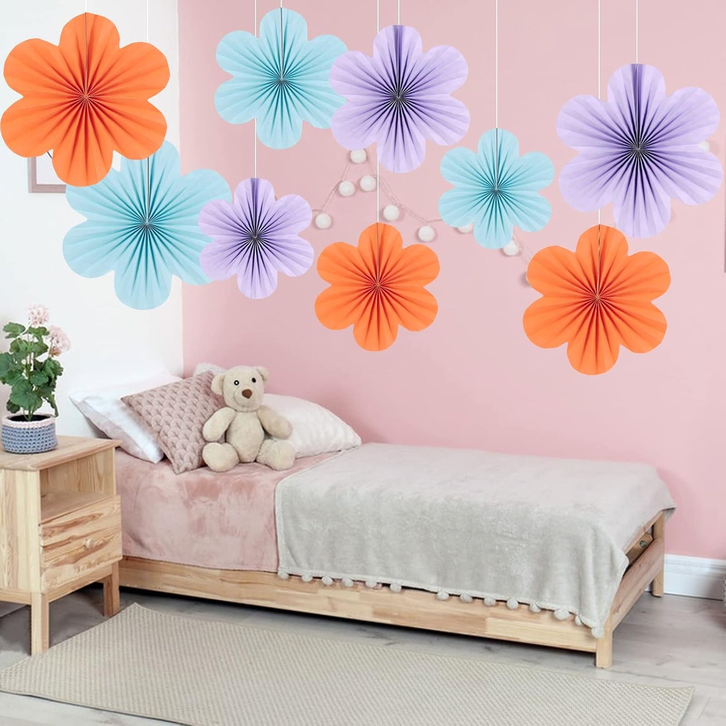 Paper Flowers Decorations for Wall Blue Paper Fans Classroom Decoration Floral Backdrop Decor Hanging Pink Flower Wall Decor, Set of 9