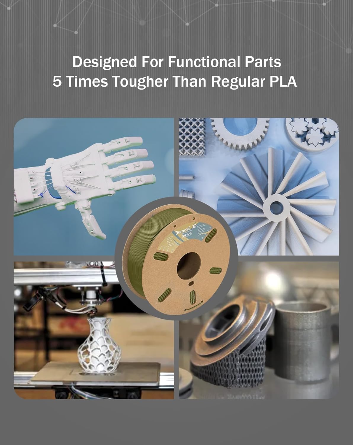 DURAMIC 3D PLA+ Filament 1.75mm 1Kg Army Green, PLA Plus Filament 1Kg Spool(2.2lbs) Tougher and Stronger, Dimensional Accuracy Probability +/- 0.02mm