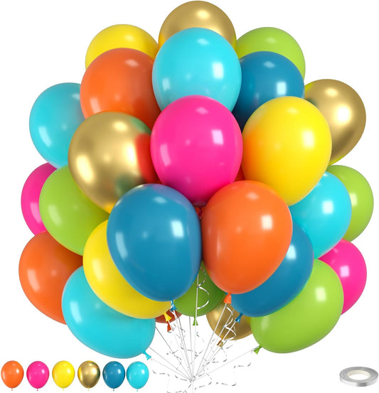 Rainbow Balloons, 60pcs Colorful Balloons, Matte Hot Pink Teal Blue Green Orange Yellow Gold Balloon For Birthday Baby Shower Summer Beach Tropical Hawaiian Theme Party Wedding Anniversary Decorations
