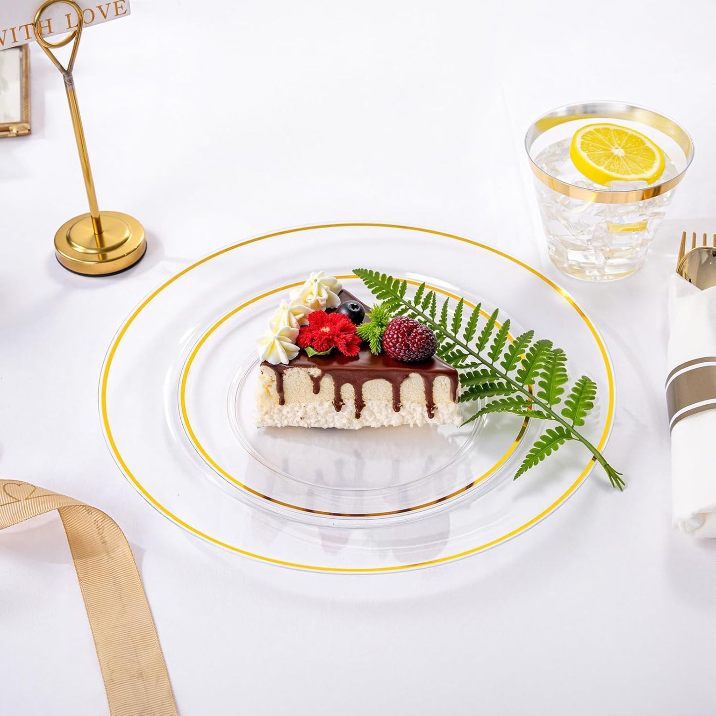 SUT 350 Pcs Gold and Clear Plastic Dinnerware Set for 50 Guests, Include: 50 Dinner Plates, 50 Dessert Plates, 50 Pre Rolled Napkins With Silverware, 50 Cups, Disposable Plates for Party, Wedding