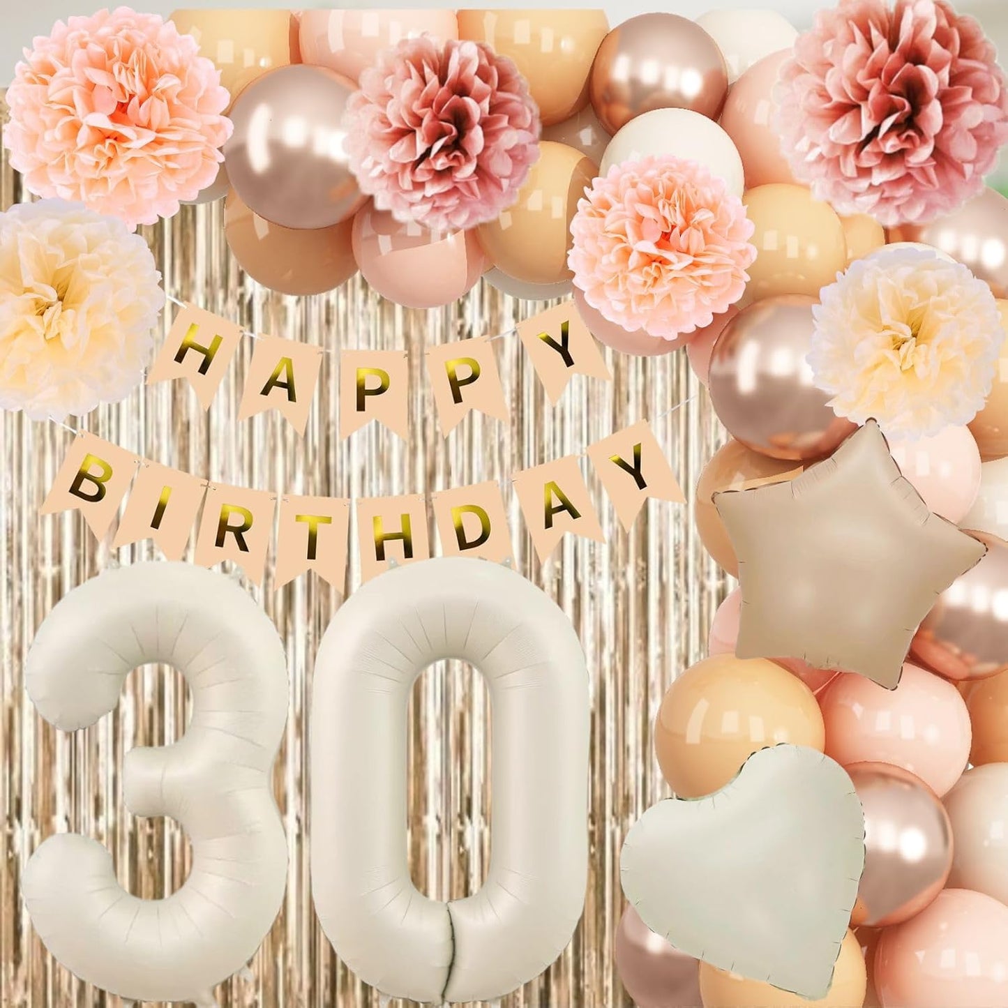 Beige 30th Birthday Decorations for Her Cream Number 30 Balloon Nude Gold Happy Birthday Banner Fringe Curtain Paper Pom Poms Blush White Sand Champagne Star Foil Balloons Neutral Boho Party Decor