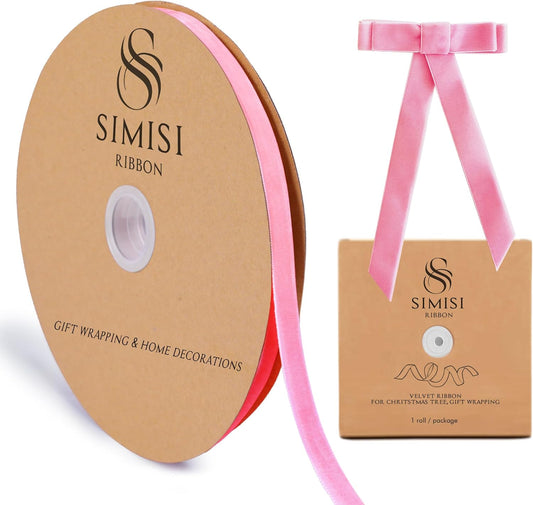 Pink Velvet Ribbon 3/8'' 25 Yards for Christmas Tree, Gift Wrapping, Flower Bouquet, Wreath Decorations, Bow Making