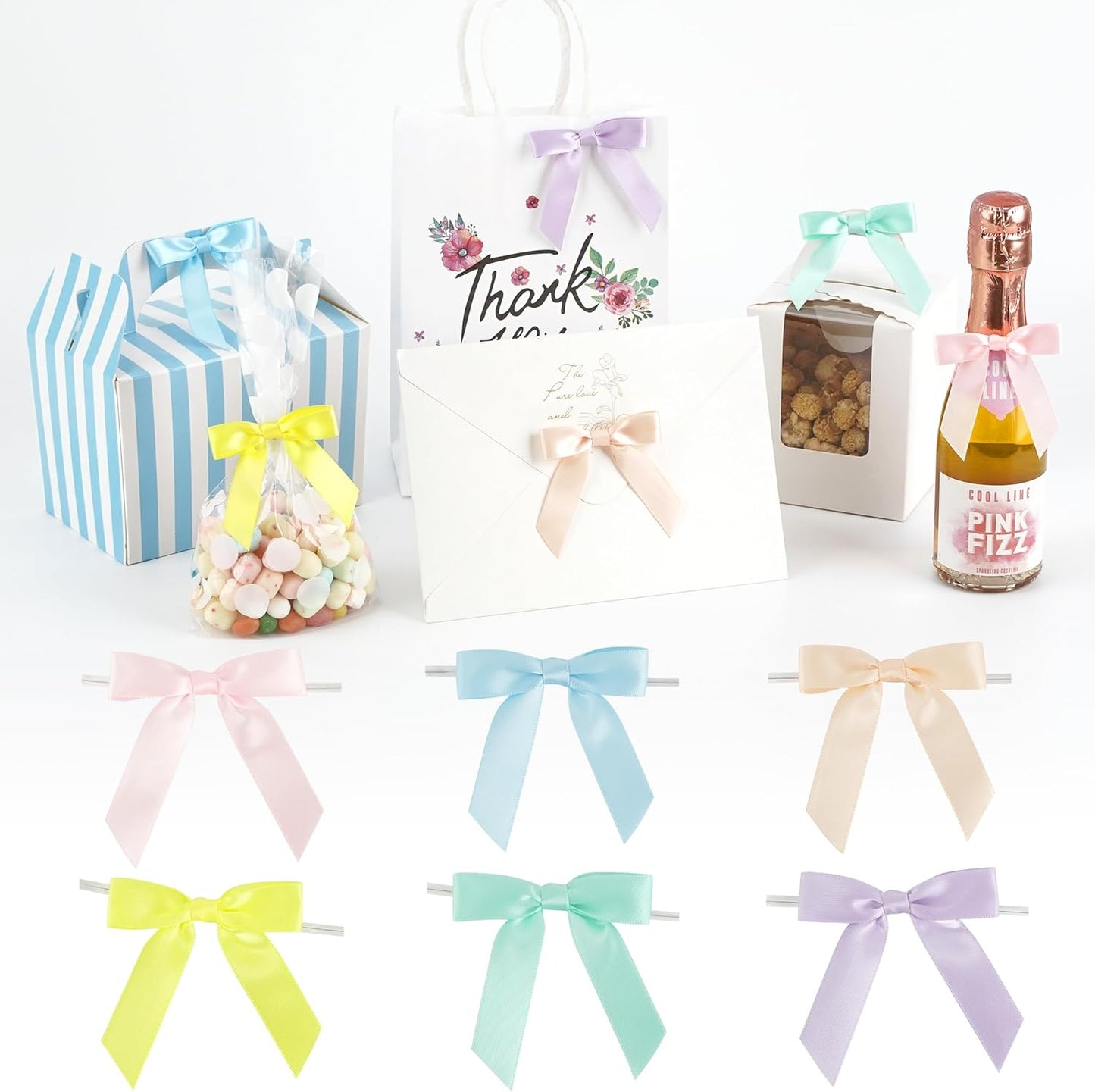 AIMUDI Pastel Bows 2.5" Satin Twist Tie Bows for Gift Wrapping Premade Satin Bow for Making Crafts Treat Bag Baby Shower Birthday Party Wedding Easter Decoration, 60 PCs