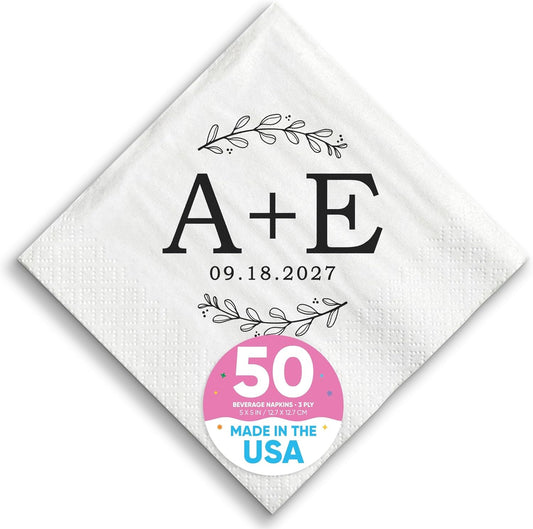 Big Dot of Happiness Personalized Rustic Leaves Monogram Wedding Napkins, Custom Engagement or Anniversary Party Laurel Wreath Branch Decor, White 3-Ply Paper Beverage Napkins - 50 Count