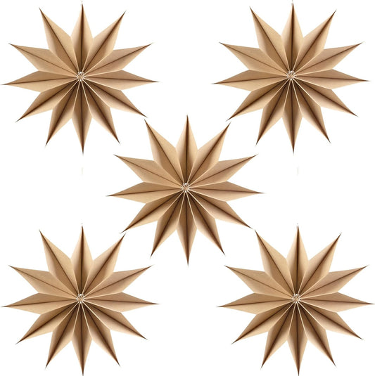 5 Pcs 12-Pointed Brown Paper Star Lanterns 12 Inch Hanging Lamp Rustic Paper Decorations Shade Scandi Home Party Decorations for Wedding Birthday Christmas