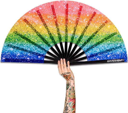 UV Glow Rave Fan, Bamboo Folding Clack Hand Fan for Men Women (Glitter Rainbow, Large 13")