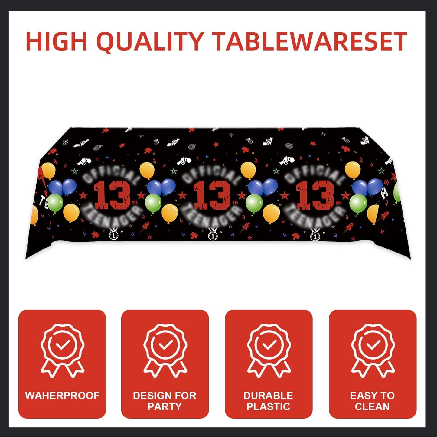 123pcs 13th Red and Black Party Decorations,Happy Birthday Banner Flags Paper,cups Straws Forks Cake Toppers Dessert plates Tablecloths and dinner plates,Officially a Teenager 13th Birthday Supplies