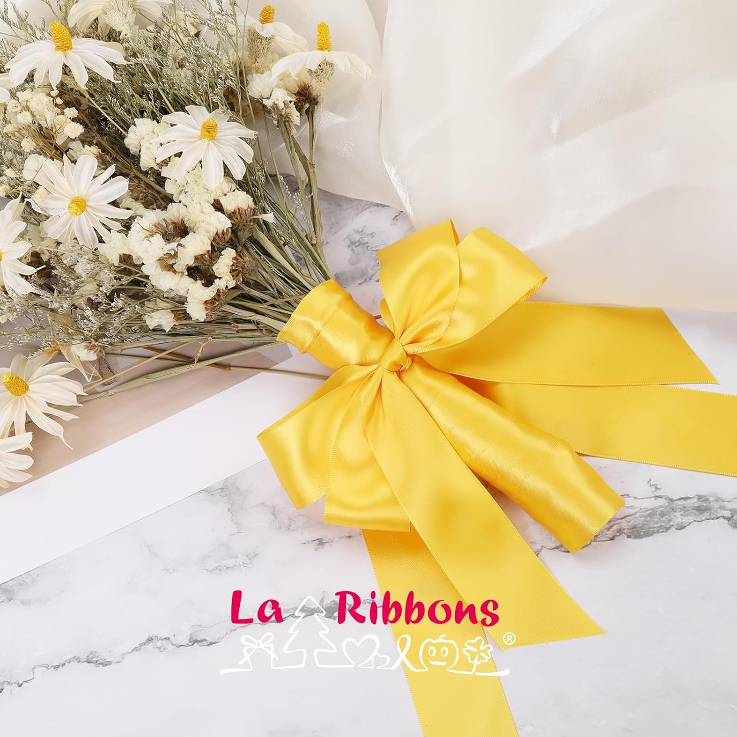 LaRibbons 1 1/2 Inch 25 Yard Double Faced Satin Ribbon,Yellow Gold Satin Craft Fabric Ribbon for Gift Wrapping Floral Bouquets Wedding Party Decoration
