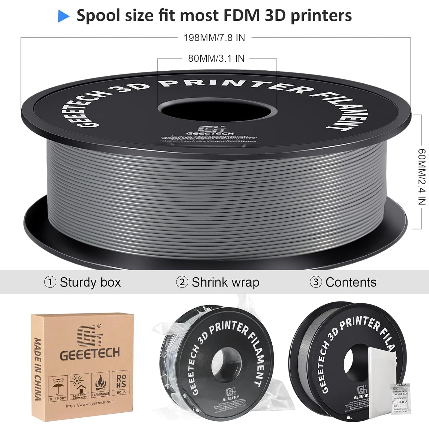 Geeetech Silver Filament, PLA Filament 1.75mm 1kg Spool (2.2lbs), Dimensional Accuracy +/- 0.02 mm, 3D Printing Filament Fit Most FDM Printer, New Silver