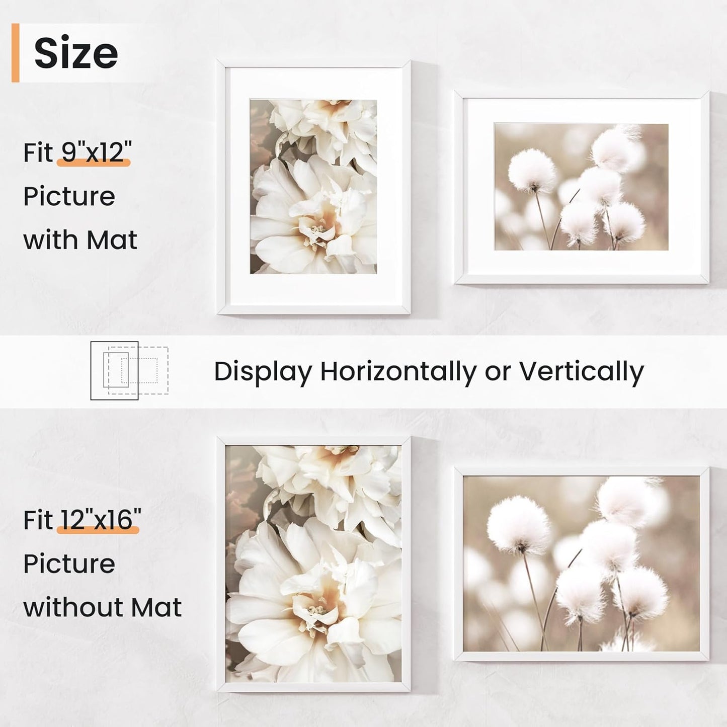 12x16 inch Picture Frame, 12x16 Photo Frames with 8.5x11 Removable Mat - High Definition Plexiglass - Vertical and Horizontal Display - Wall Hanging Frame - White, 5 Pack