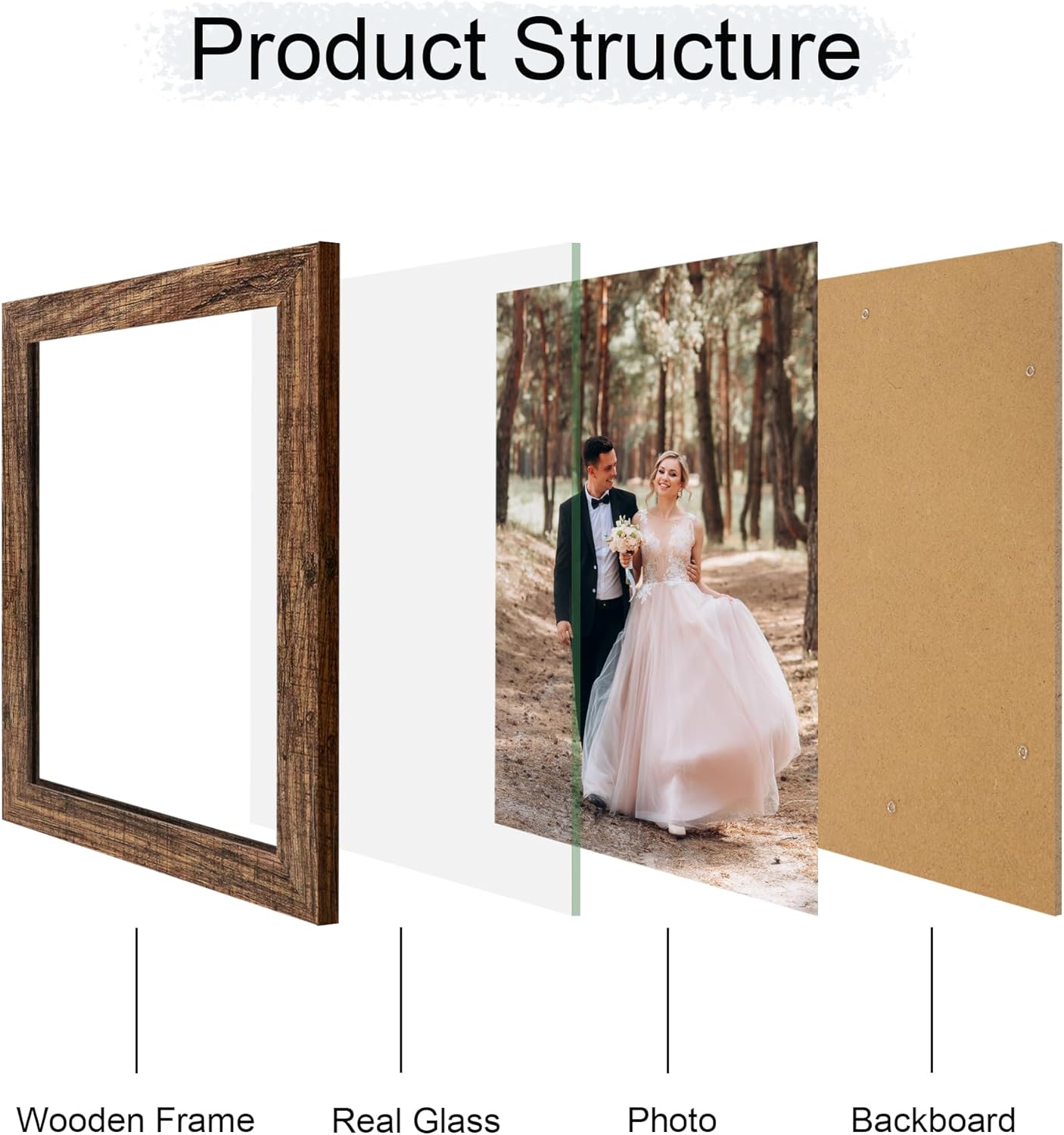 8x10 Picture Frame Set of 4, High Definition Glass Brown Frame, 8 x 10 Wood Rustic Picture Frames for Horizontal or Vertical Table Top and Wall Mounting