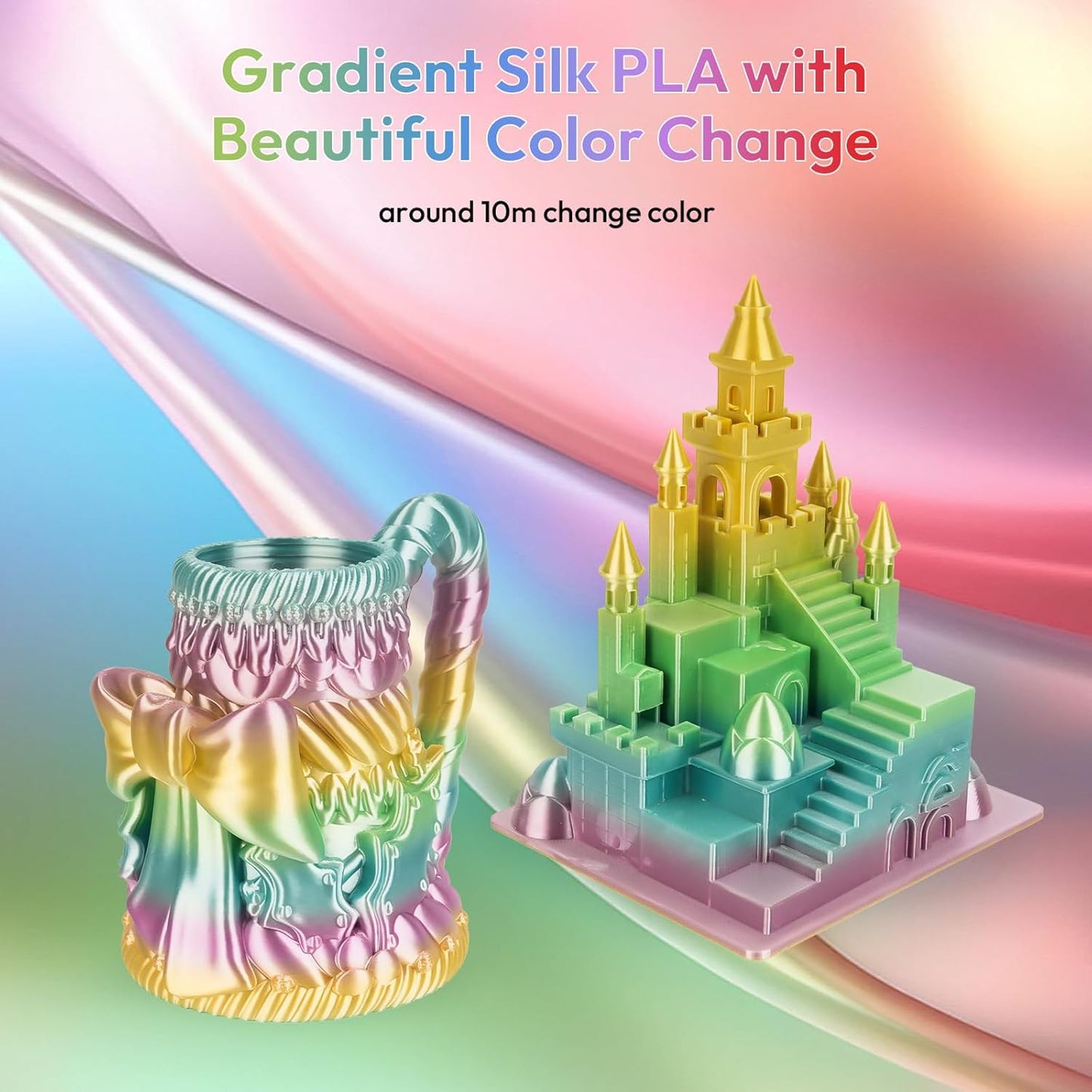 AMOLEN Silk PLA 3D Printer Filament, Shiny Multicolor Rainbow PLA Filament 1.75mm, Gradient Color Change PLA 3D Printing Filament for Most FDM 3D Printer, Yellow Green Blue Pink, 1kg (2.2lbs)