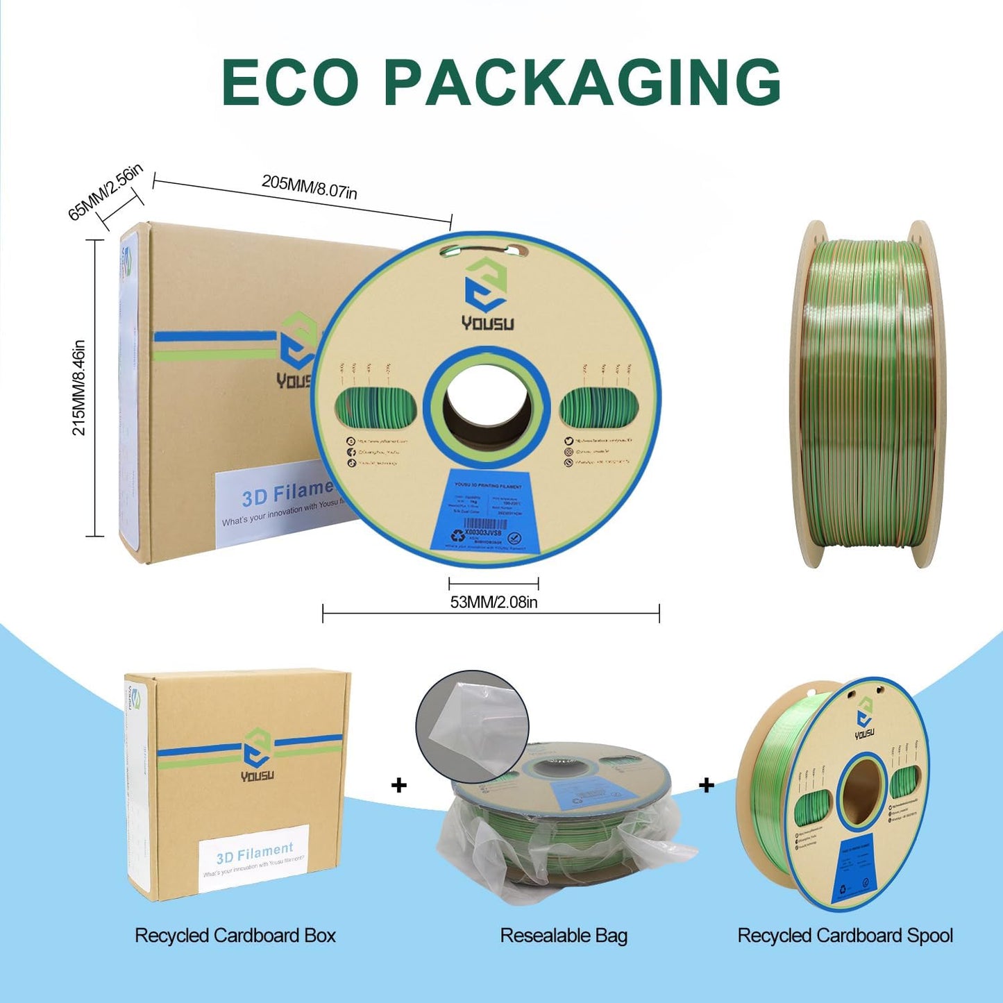 YOUSU PLA Filament Triple Color Coextrusion Silk 3D Printer Filament 1.75mm for 3D Printer & 3D Pen, Multicolor PLA Rainbow Filament,1kg(2.2lbs) Silk Gold Green Blue.