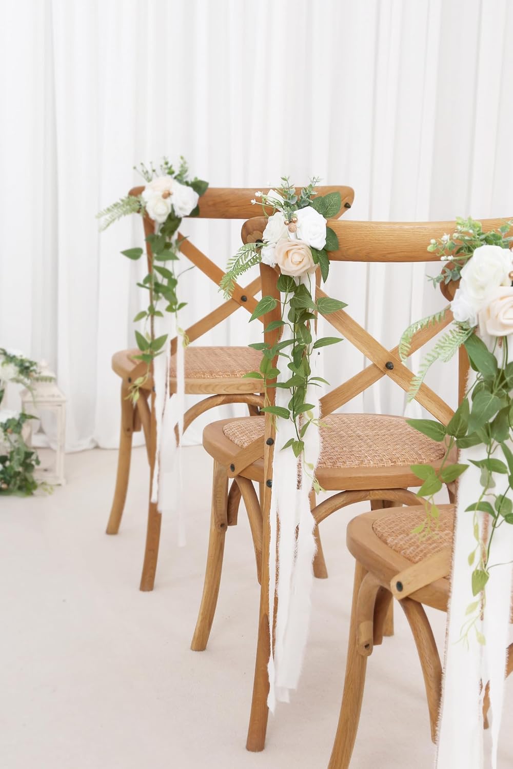 DORIS HOME Wedding Chair Decorations White Pew Flowers Set of 10 for Wedding Ceremony Party Aisle Decor with Artificial Flowers Eucalyptus and Ribbons