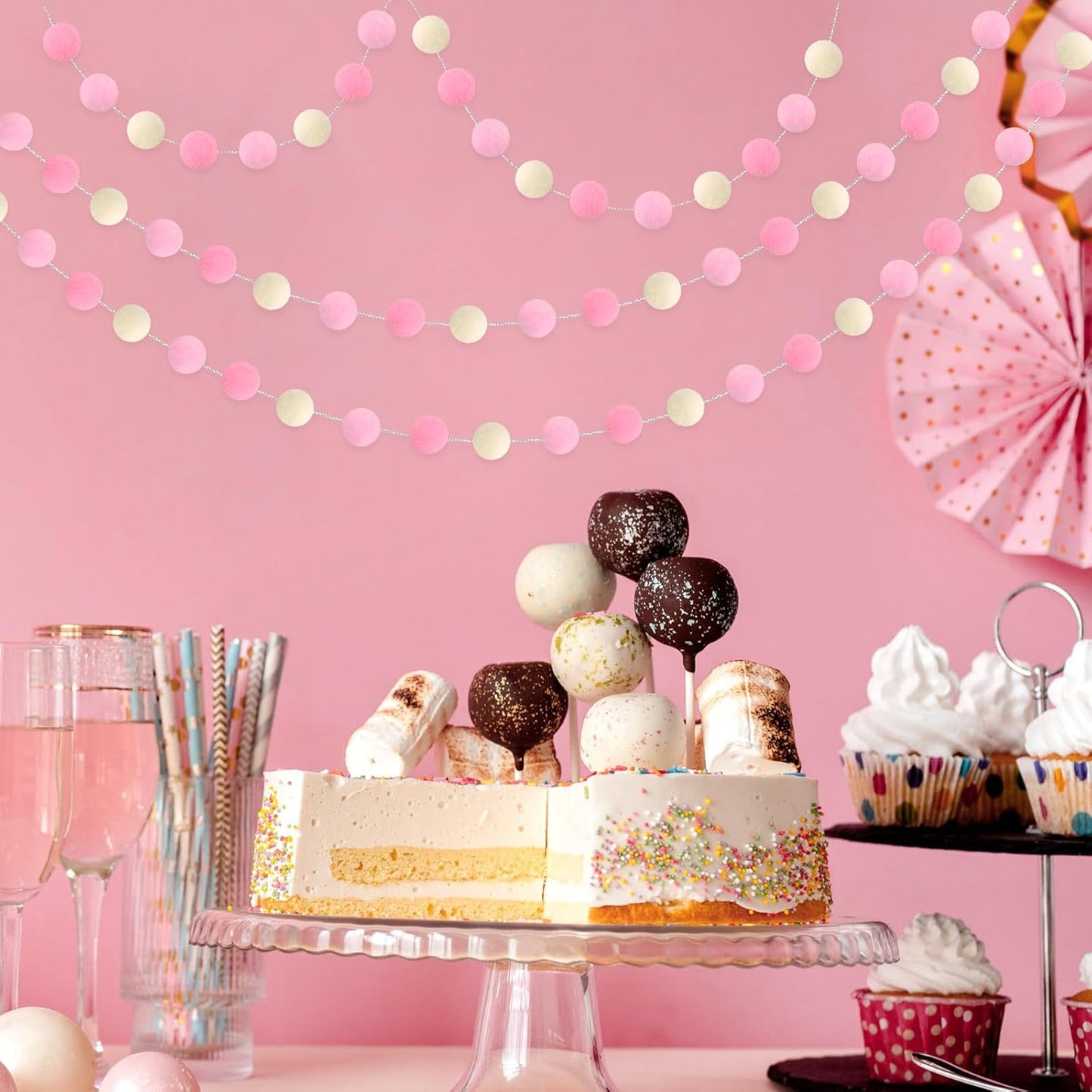 3 Pack Pom Pom Garland Colorful Felt Ball Garland Decorations, 6.5 Feet Long with 30 Balls Banner Hanging Supplies for Birthday, Baby Shower, Parties (Pink & White)