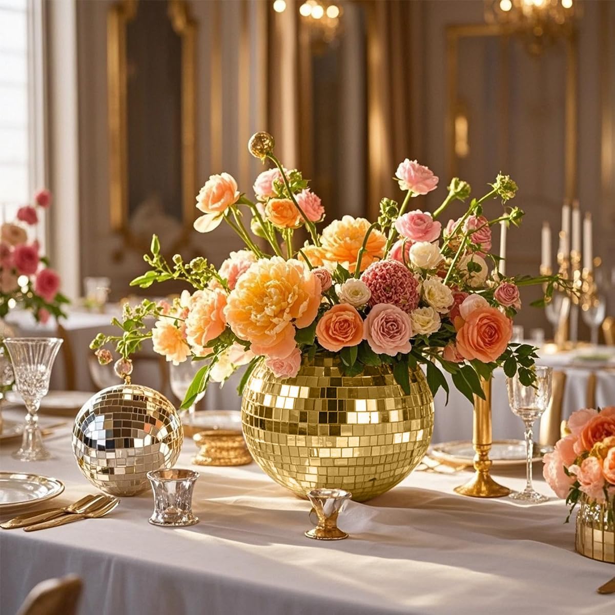 6 Pcs Disco Ball Vase,5" X 6" Disco Ball Centerpieces,Glass Disco Ball Planter Mirror Disco Ball Decor Can Be Used for Wedding Centerpieces,Birthday,Office(Gold)