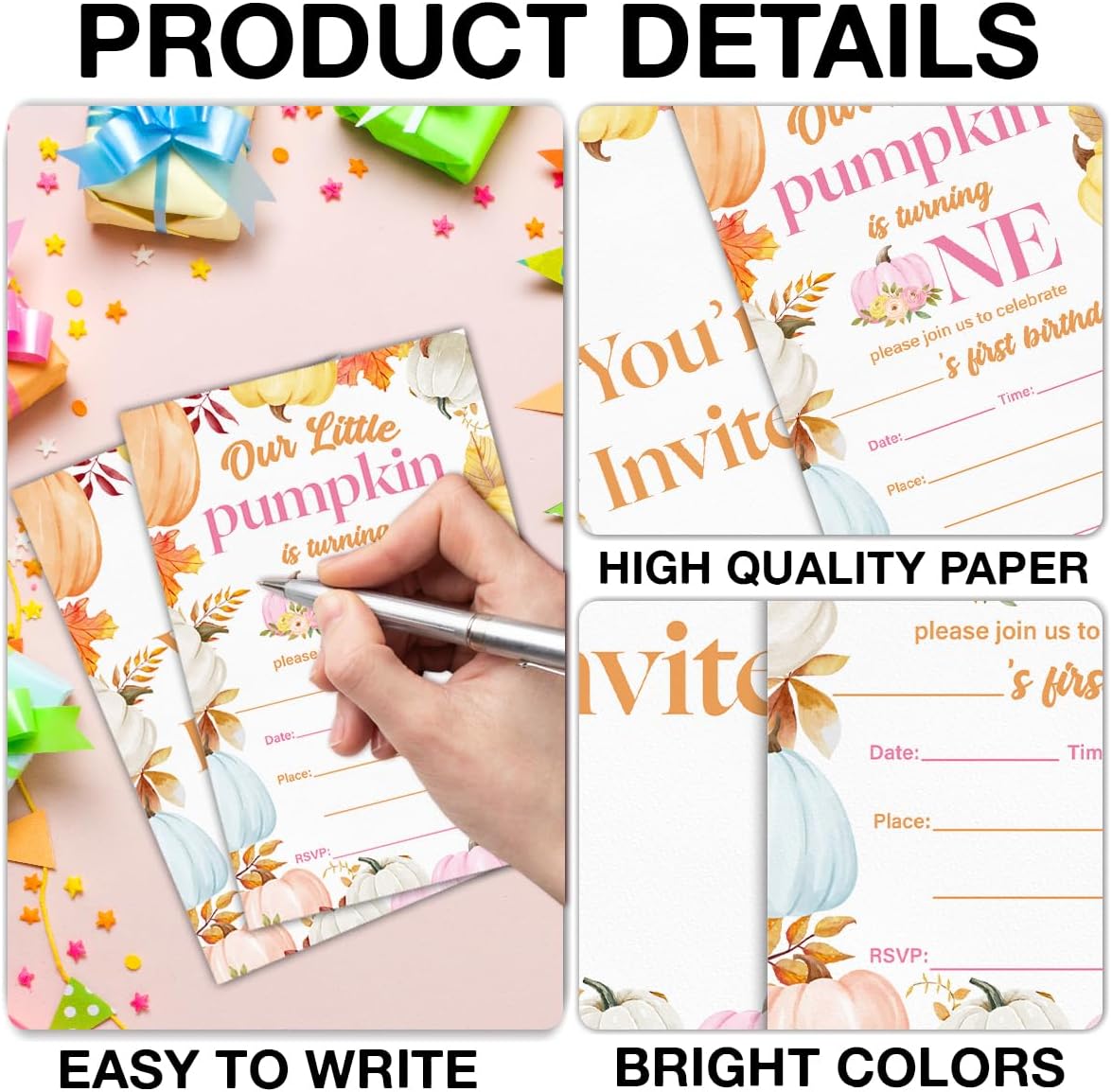 Pumpkins First Birthday Party Invitations for Baby Girl Little Pumpkin 1st Birthday Party Fill in Invites Cards With Envelopes (20 Count), Double Sided Design