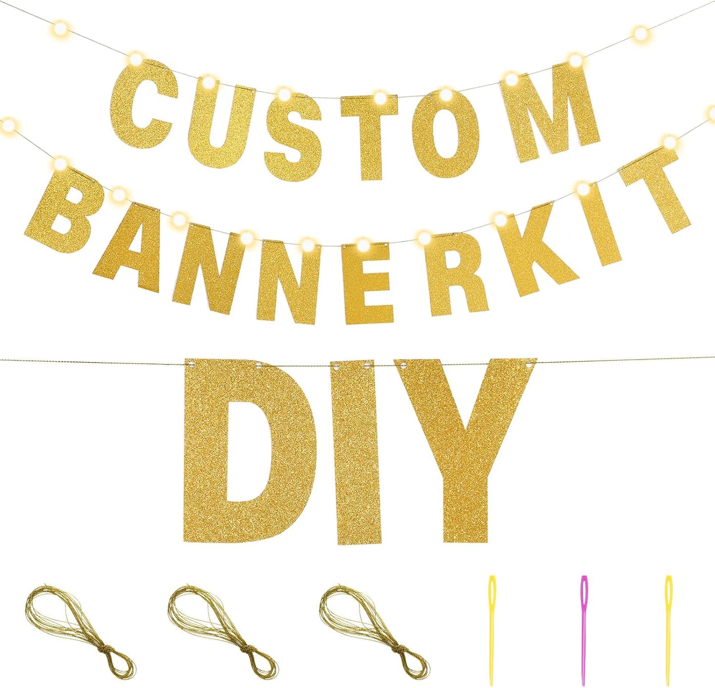TaoBary 112 Pcs DIY Letter Kit Glitter Customizable Banner Letters Include 107 Letters and Numbers 3 Rope and 2 Needles for Birthday Halloween Christmas Wedding Valentine Party Decor(Gold)