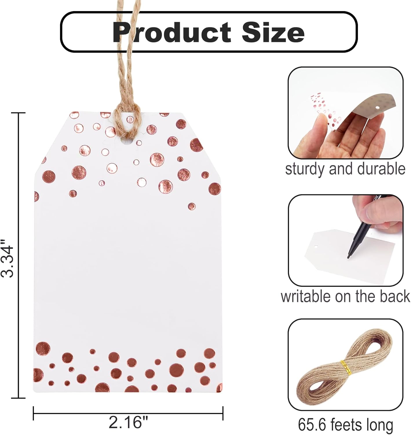 100Pcs Rose Gold Gift Tags with String Attached, ASYEHJNR Foil Rose Gold Dot Large Gift Bag Tags Presents with 65 FT Jute Twine, White Paper Gift Tags for Baby Shower, Wedding, Birthday Gift Wrap Tags