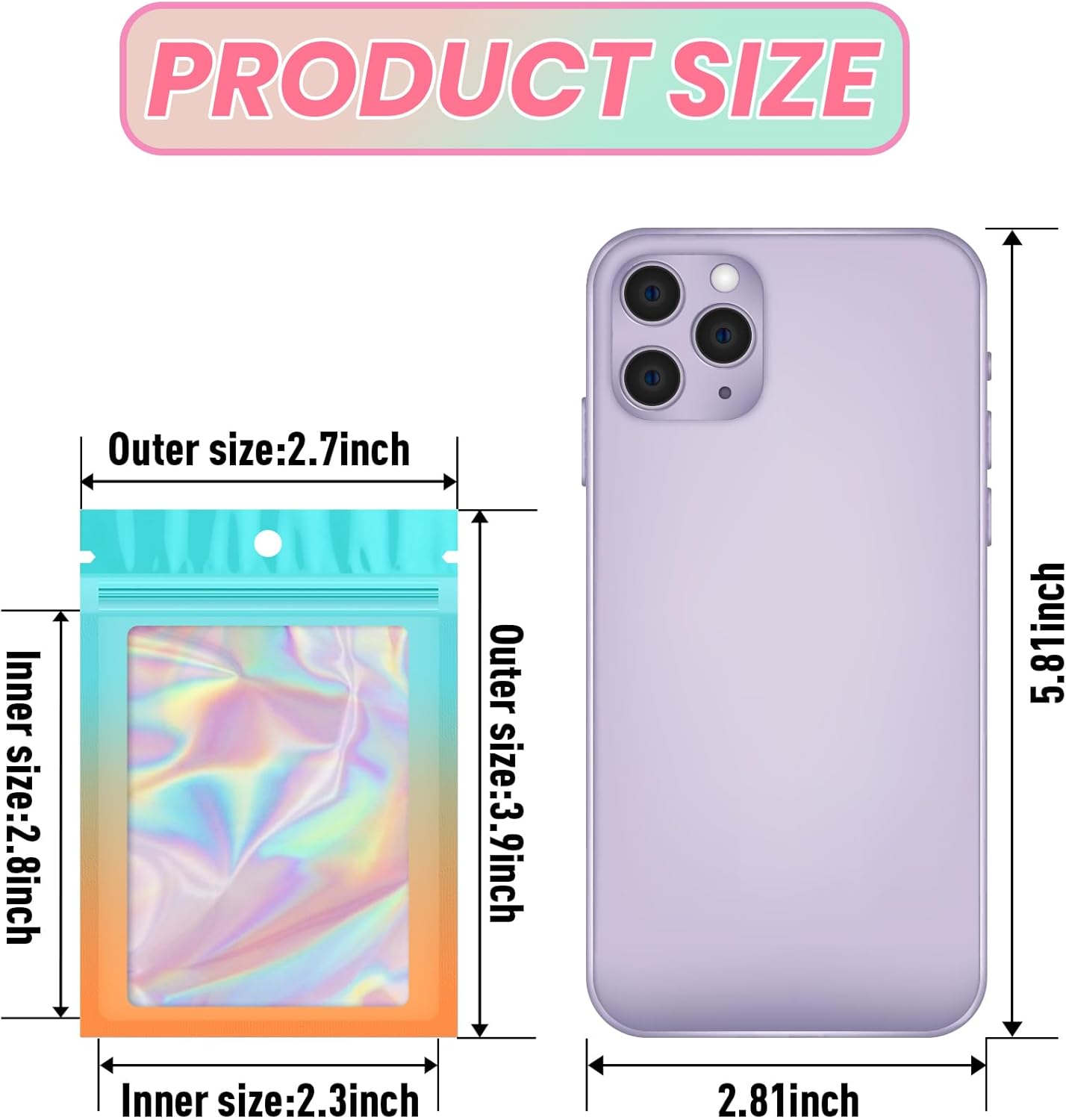 Funfery 100 Pack Mylar Holographic Bags,Clear Window Foil Bag Seal Pouch Resealable Baggie with Zipper,Packaging Bag for Food Storage,Lash,Jewelry,Business Supplies(2.7×3.9in,Blue Orange)