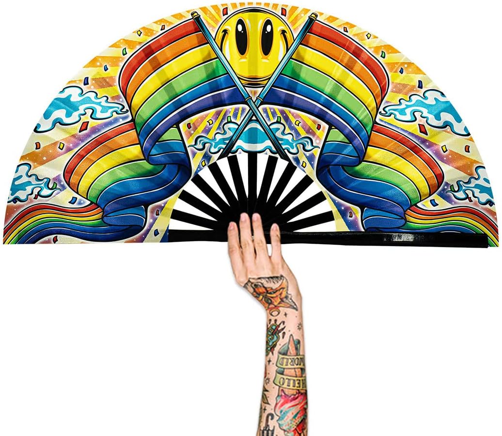 13" Large Rave Fan Bamboo, Folding Clack Hand Fans Foldable for Men Women, Boots on the Ground Poping Fan for EDM Festival Line Dance Decoration, (Rainbow, Large 13")