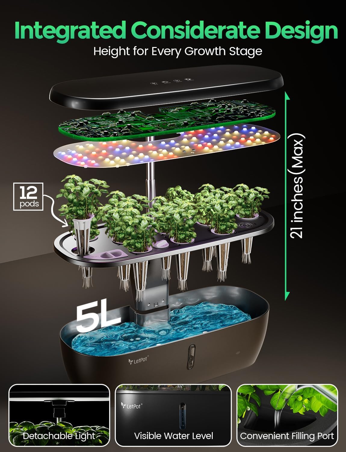 LETPOT LPH-Lite Hydroponics Growing System, 12 Pods Smart Herb Garden Kit Indoor, Indoor Garden, APP & WiFi Controlled, with 24W Growing LED, 5.5L Water Tank, Pump System, Automatic Timer