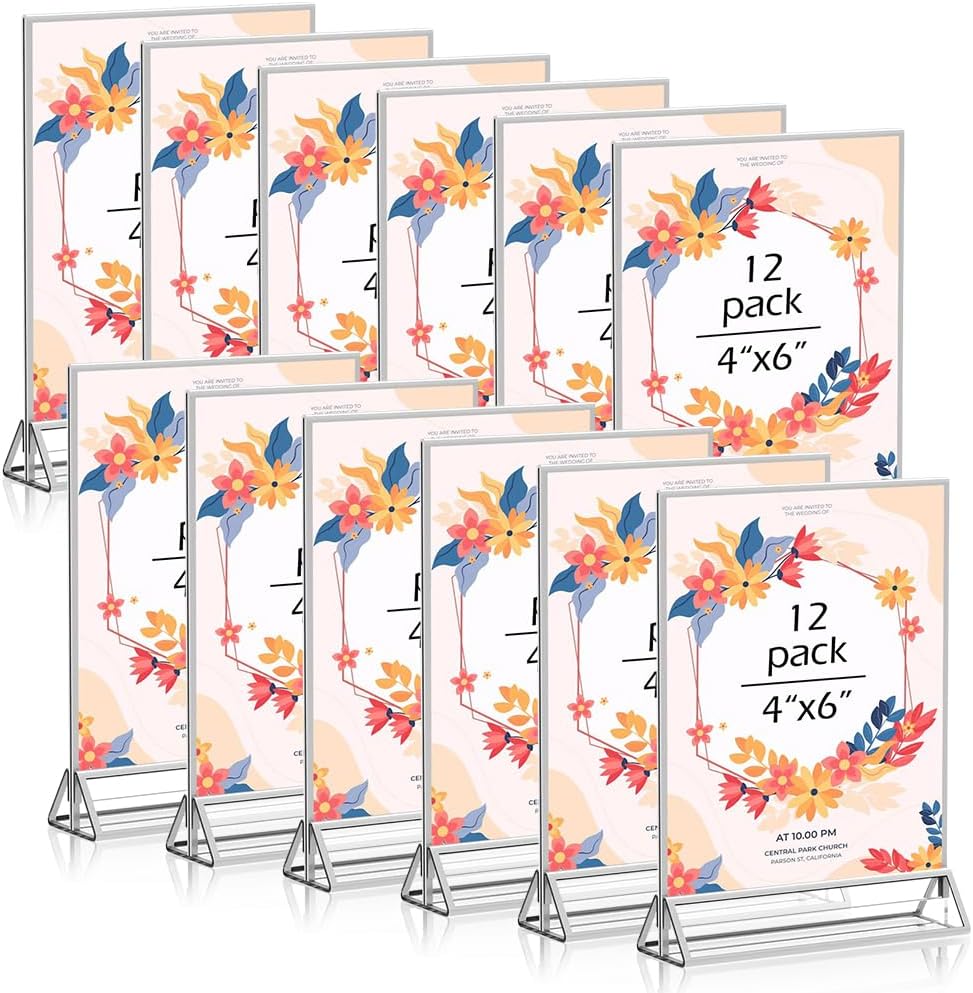 4x 6 Acrylic Sign Holder 12 Pack, Double Sided Silver Picture Frames Clear Wedding Table Numbers for Party, Menu, Restaurant, Photo, Office, Hotels, Meetings