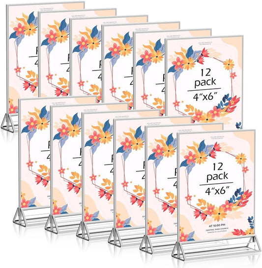 4x 6 Acrylic Sign Holder 12 Pack, Double Sided Silver Picture Frames Clear Wedding Table Numbers for Party, Menu, Restaurant, Photo, Office, Hotels, Meetings