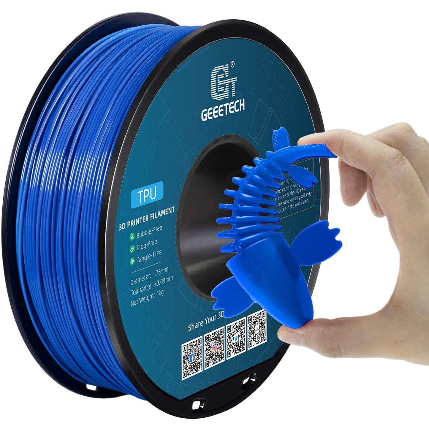 Geeetech TPU Filament 1.75mm – 95A Flexible 3D Printer Filament with High Elasticity, 1KG (2.2lbs) Spool, Dimensional Accuracy ±0.03mm, Fits Most FDM Printers, Blue