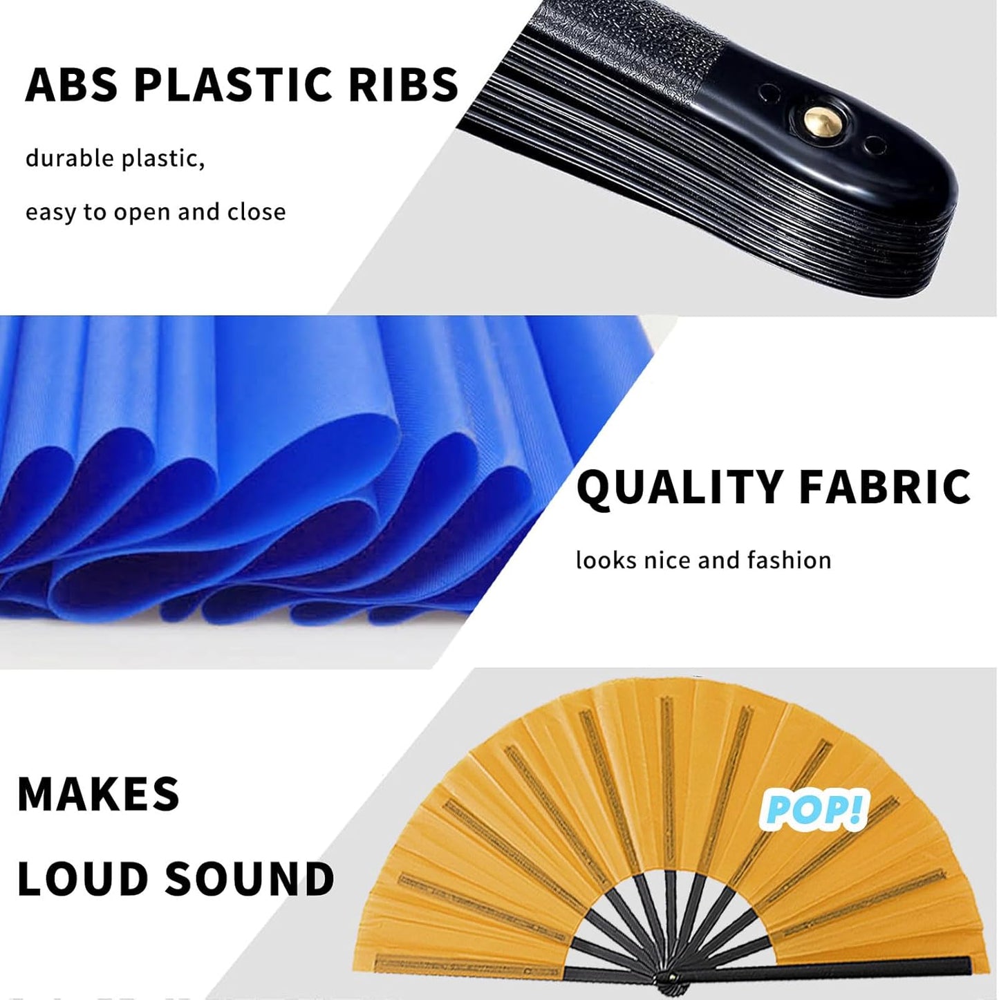 10 Pcs Loud Clap Fans for Line Dancing Bulk, Boots on The Ground Dance Fans Bulk, Chinese Kung Fu Tai Chi Large Hand Fans for Women Foldable for Festival Dance Party Popping Clacking (Black)