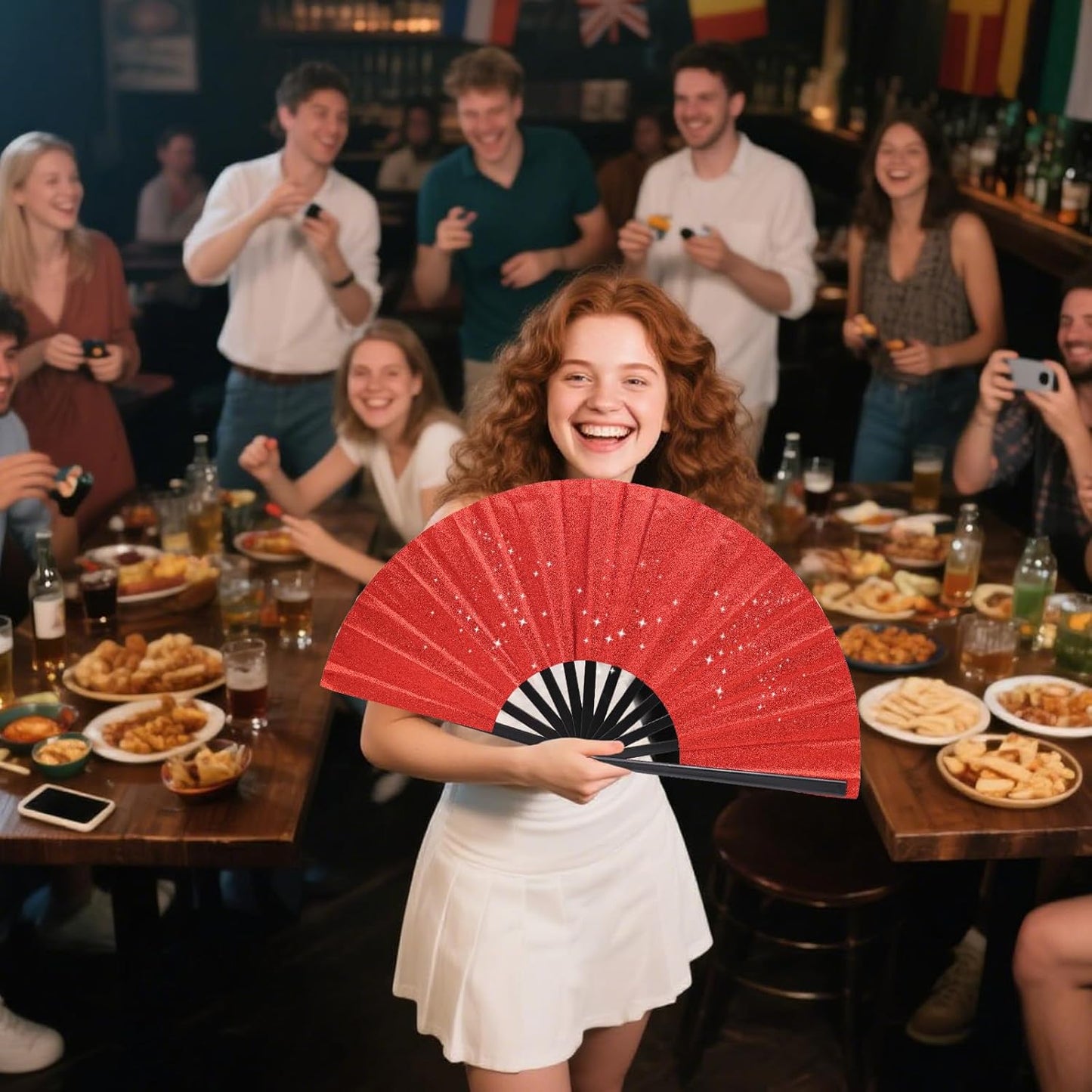 Glitter bling Large Folding Fan-Hand Fan Rave Clack Popping Fan for Line Dancing Clacking Fans for Boots On The Ground Dance, Party for EDM, Music Festival, Hot Flashes, Party, Decoration(1pcs red)