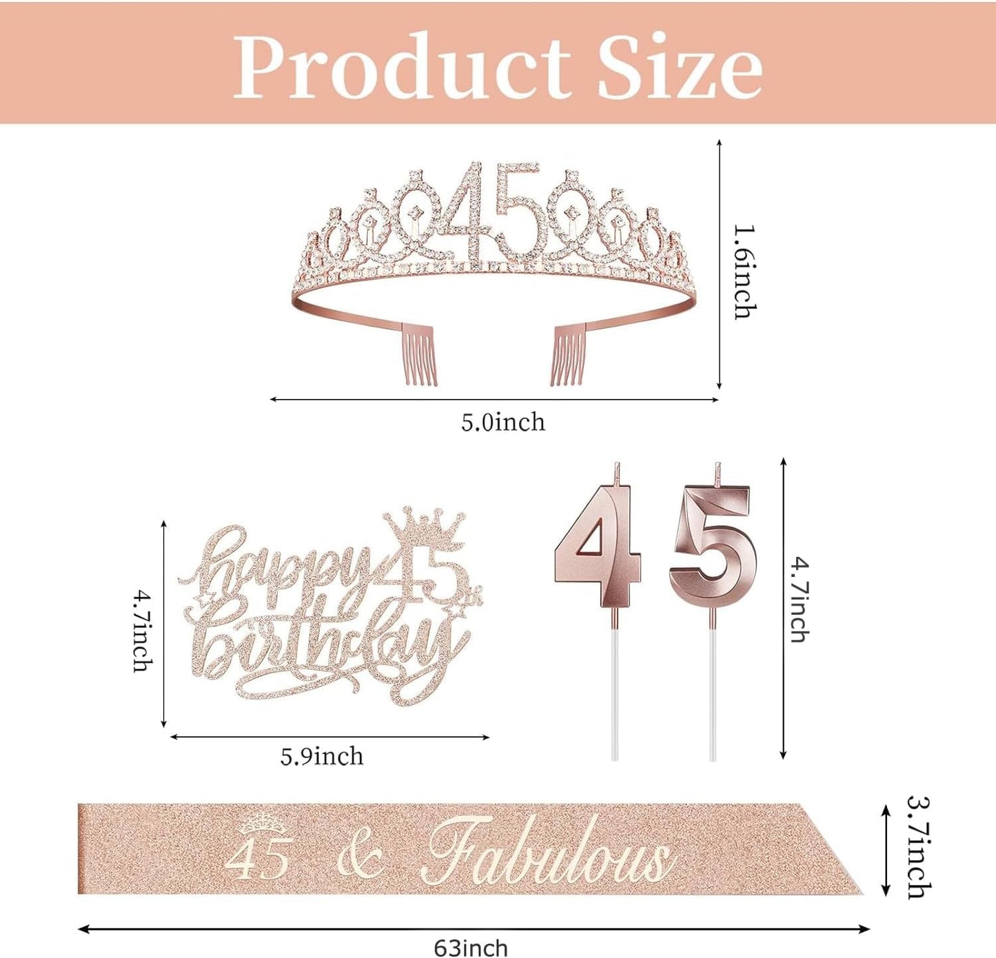 45 Birthday Decorations for Women Including Birthday Sash and Tiara, Cake Topper and Candles, 45 Year Old Gifts for Women, Rose Gold Party Decor Supplies