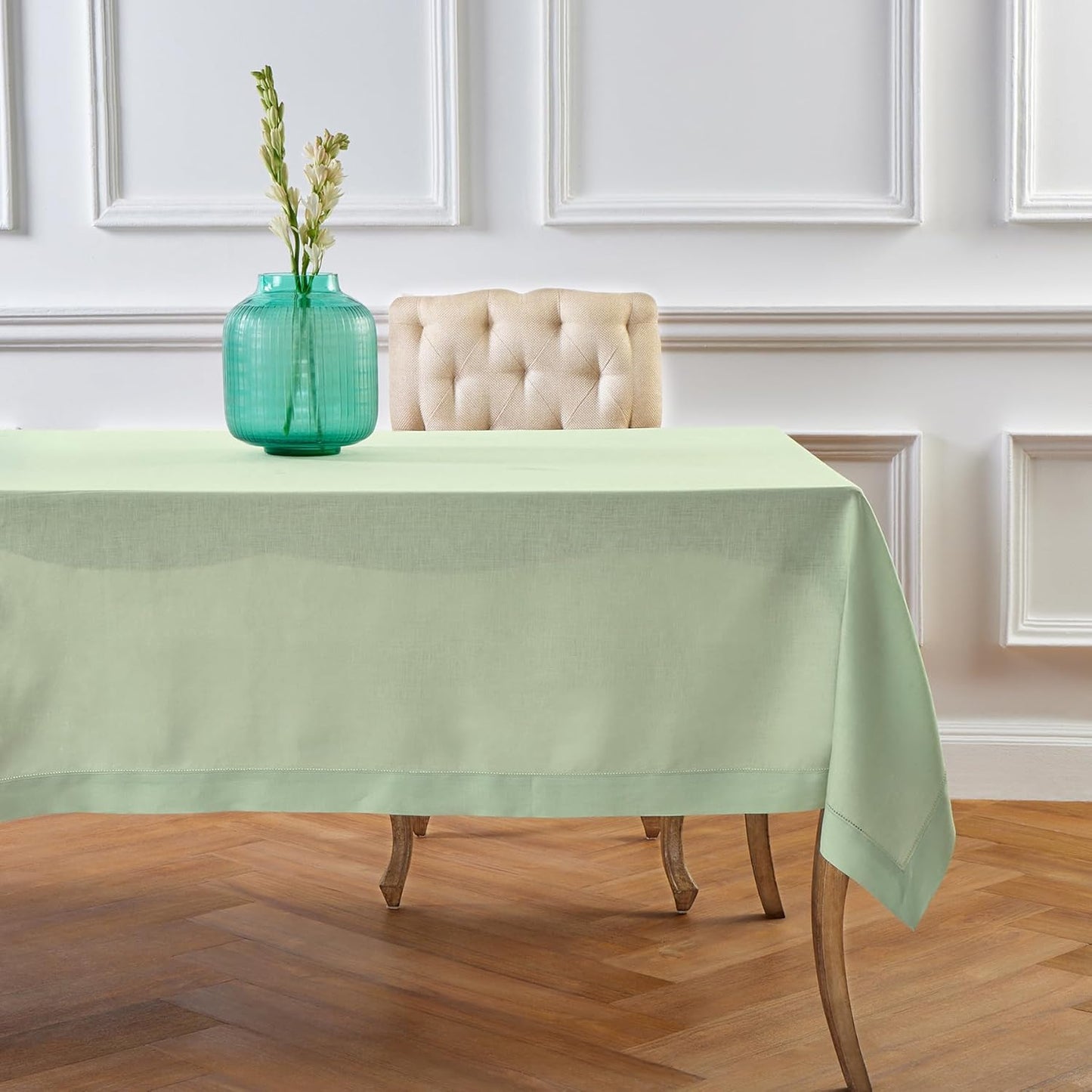 Solino Home Linen Tablecloth for Rectangle Tables 60 x 120 Inch - Classic Hemstitch 100% Pure Linen Light Green Table Cloth - Machine Washable Cloth Tablecloth