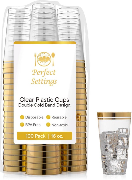 Perfect Settings Gold Rimmed Disposable Plastic Cups, Clear Hard Plastic Drinking Glasses for Cold Beverages & Cocktails, BPA-FREE, Disposable Wedding Cups, 16 oz. (Pack of 100)