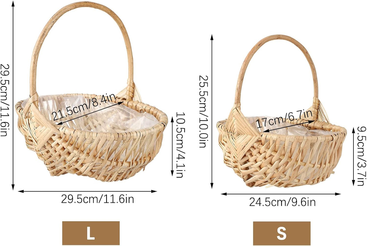 DULRLLY Handwoven Flower Basket with Handle, Willow Storage Basket Empty Wicker Picnic Basket with Plastic Insert, Easter Basket Wedding Flower Girl Baskets for Home Party Decor