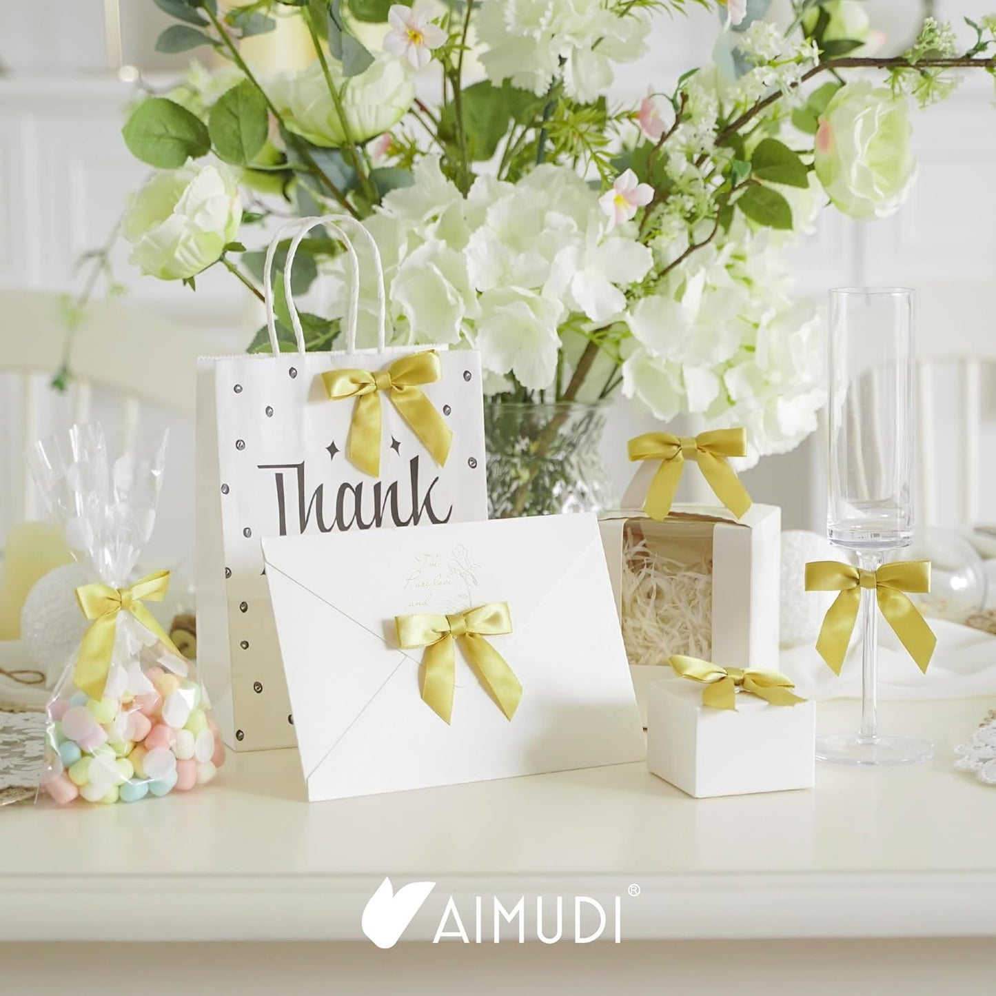 AIMUDI Small Gold Bows for Christmas Tree 2.5" Pretied Gold Bows for Gift Wrapping Premade Satin Ribbon Twist Tie Bows for Crafts Mini Bows for Treat Bags Cake Pop Bows Baby Shower Decor - 50 Counts