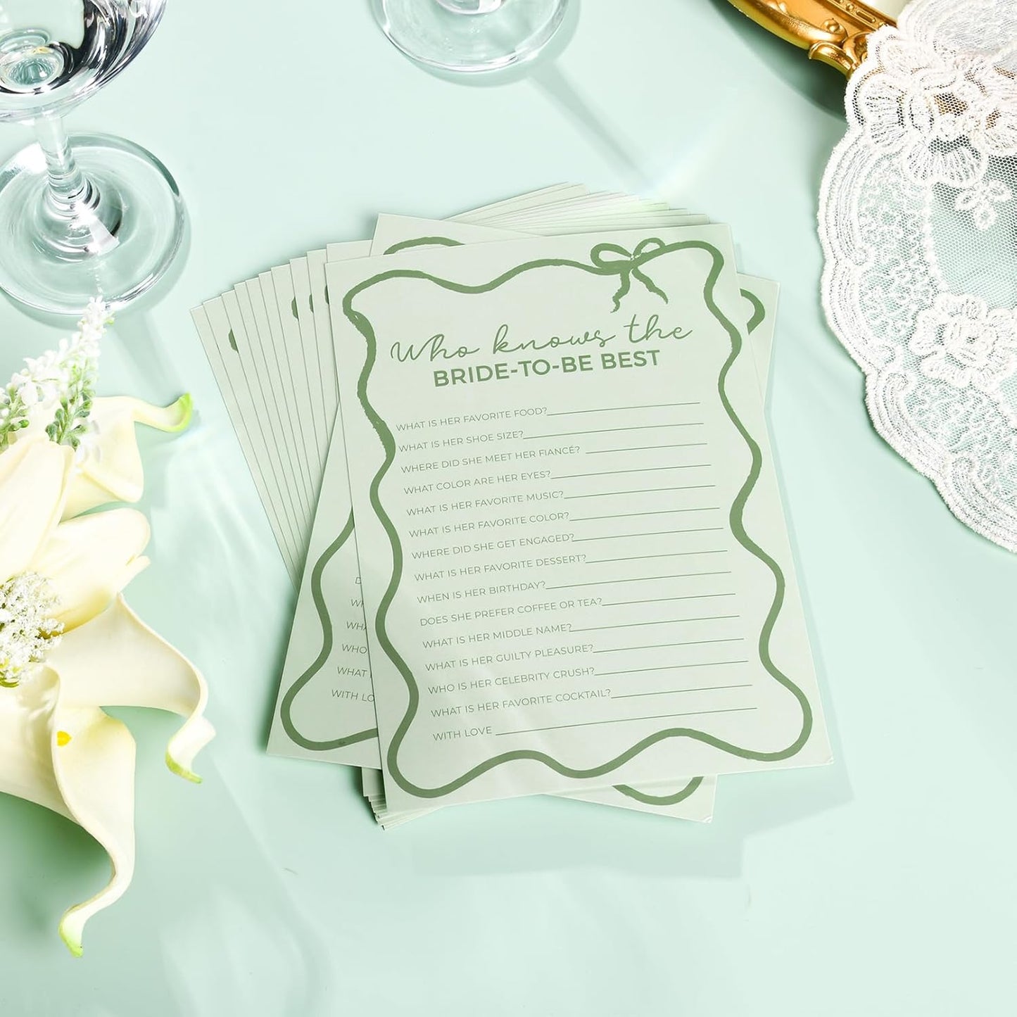 DEEKA 30 PCS Bridal Shower Games Card for 30 Guests Sage Green Wavy Border Ribbon Bow Funny Wedding Bachelorette Party Games for Reception (Who Knows The Bride-to-be Best)