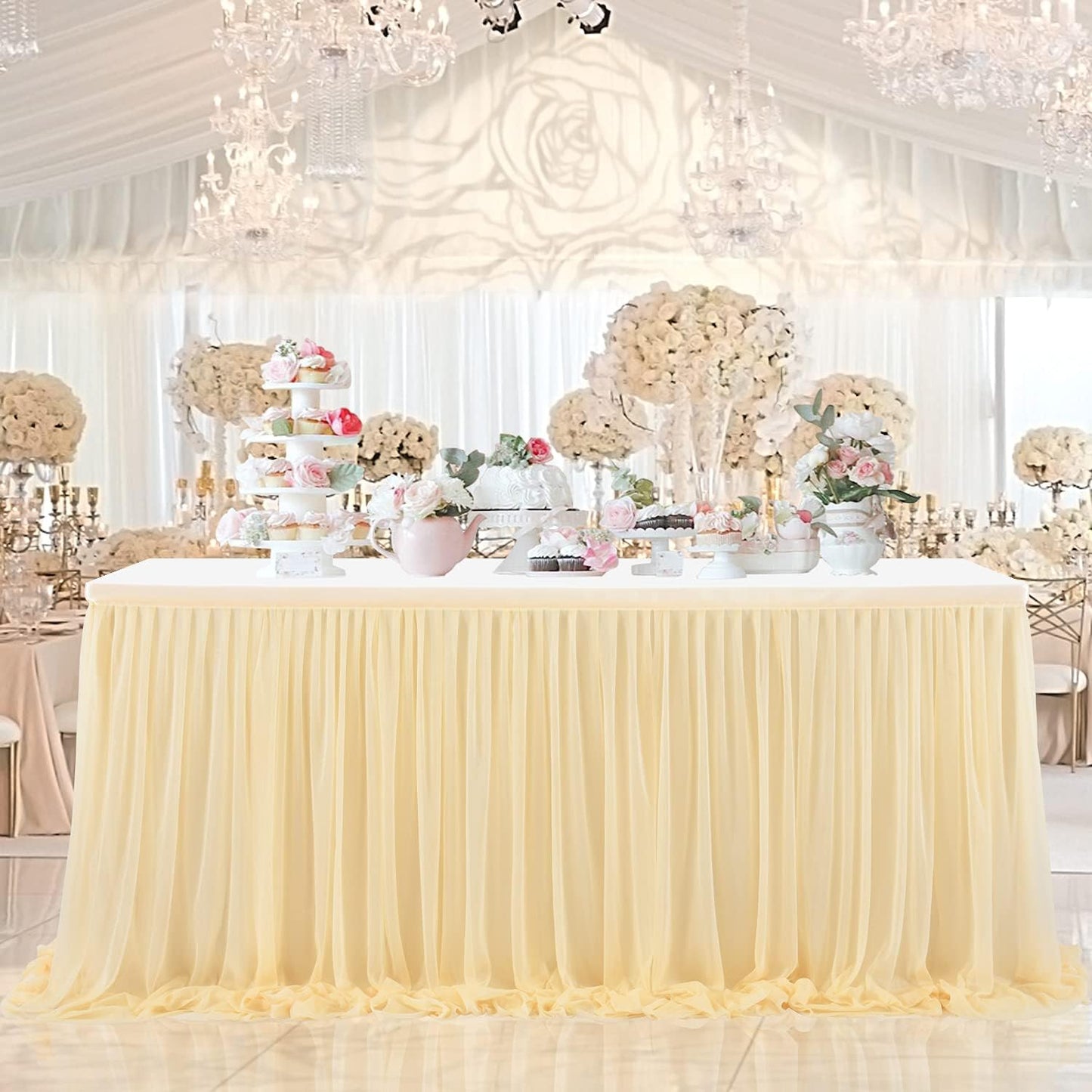 6ft Champagne Table Skirt for Rectangle Tables or Round Tables Champagne Tutu Tulle Table Skirt Cloth for Wedding Baby Shower Birthday Party Dessert Buffet Banquet Decorations